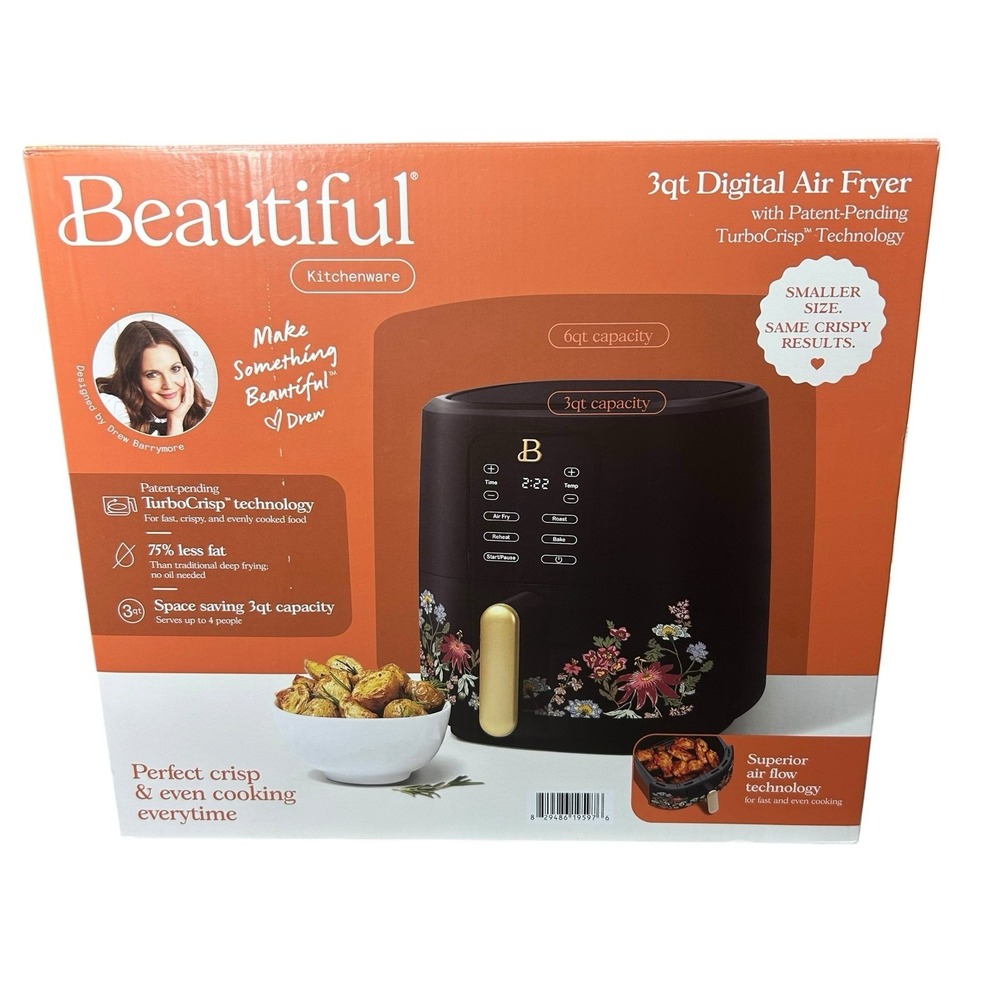 Drew Barrymore Beautiful 3 Qt Black Wildflower Floral TurboCrisp Air Fryer NEW